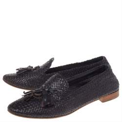 Pre Owned Prada Navy Blue Woven Madras Leather Tassel Smoking Slippers Size 38