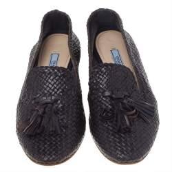 Pre Owned Prada Navy Blue Woven Madras Leather Tassel Smoking Slippers Size 38