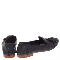 Pre Owned Prada Navy Blue Woven Madras Leather Tassel Smoking Slippers Size 38