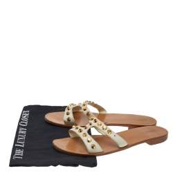 Pre Owned Prada Off White Leather Studded Flat Slides Size 41