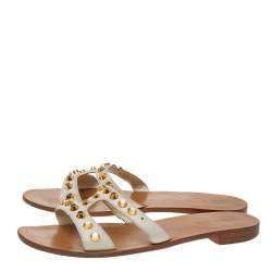 Pre Owned Prada Off White Leather Studded Flat Slides Size 41