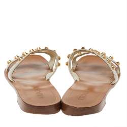 Pre Owned Prada Off White Leather Studded Flat Slides Size 41