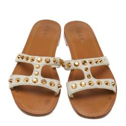 Pre Owned Prada Off White Leather Studded Flat Slides Size 41