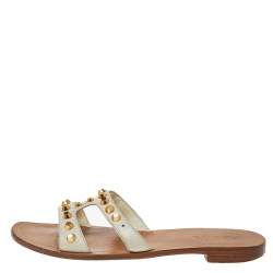 Pre Owned Prada Off White Leather Studded Flat Slides Size 41