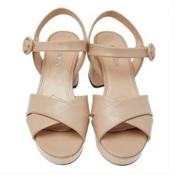 Pre Owned Prada Beige Leather Criss Cross Platform Ankle Strap Sandals Size 37.5