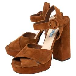 Pre Owned Prada Brown Suede  Crisscross Ankle Strap Sandals Size 39.5