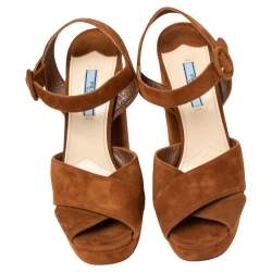 Pre Owned Prada Brown Suede  Crisscross Ankle Strap Sandals Size 39.5