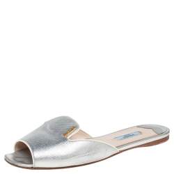 Pre Owned Prada Silver Saffiano Leather Slide Flats Size 38.5