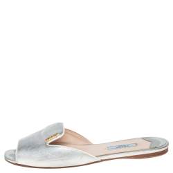 Pre Owned Prada Silver Saffiano Leather Slide Flats Size 38.5