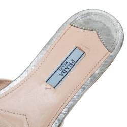 Pre Owned Prada Silver Saffiano Leather Slide Flats Size 38.5