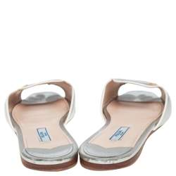 Pre Owned Prada Silver Saffiano Leather Slide Flats Size 38.5