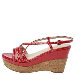 Pre Owned Prada Red Patent Leather Platform Sandals Size 37.5