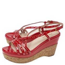 Pre Owned Prada Red Patent Leather Platform Sandals Size 37.5