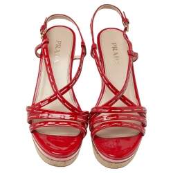 Pre Owned Prada Red Patent Leather Platform Sandals Size 37.5