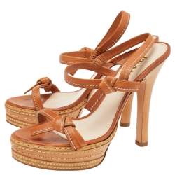Pre Owned Prada Tan Leather Platform Ankle Strap Sandals Size 39.5
