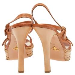 Pre Owned Prada Tan Leather Platform Ankle Strap Sandals Size 39.5