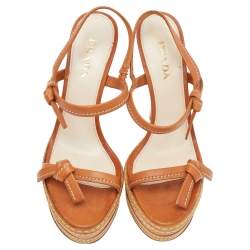 Pre Owned Prada Tan Leather Platform Ankle Strap Sandals Size 39.5