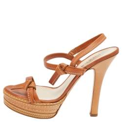 Pre Owned Prada Tan Leather Platform Ankle Strap Sandals Size 39.5
