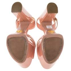Pre Owned Prada Beige Patent Leather Ankle Strap Block Heel Platform Sandals Size 37