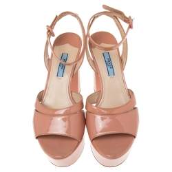 Pre Owned Prada Beige Patent Leather Ankle Strap Block Heel Platform Sandals Size 37