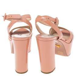 Pre Owned Prada Beige Patent Leather Ankle Strap Block Heel Platform Sandals Size 37