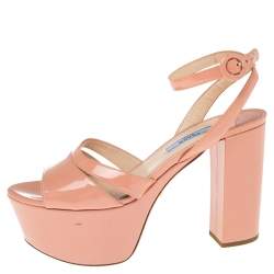 Pre Owned Prada Beige Patent Leather Ankle Strap Block Heel Platform Sandals Size 37