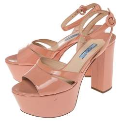 Pre Owned Prada Beige Patent Leather Ankle Strap Block Heel Platform Sandals Size 37