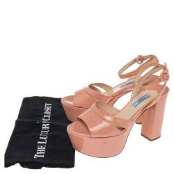 Pre Owned Prada Beige Patent Leather Ankle Strap Block Heel Platform Sandals Size 37