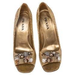 Pre Owned Prada Gold Python Crystal Embellished Peep Toe Pumps Size 37