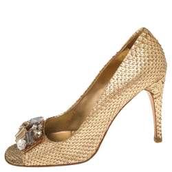 Pre Owned Prada Gold Python Crystal Embellished Peep Toe Pumps Size 37