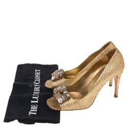 Pre Owned Prada Gold Python Crystal Embellished Peep Toe Pumps Size 37
