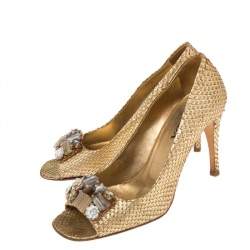 Pre Owned Prada Gold Python Crystal Embellished Peep Toe Pumps Size 37