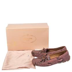Pre Owned Prada Pink Python Embossed Leather Bow Slip On Loafers Size 37