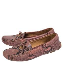 Pre Owned Prada Pink Python Embossed Leather Bow Slip On Loafers Size 37