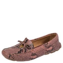 Pre Owned Prada Pink Python Embossed Leather Bow Slip On Loafers Size 37