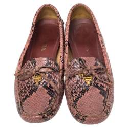 Pre Owned Prada Pink Python Embossed Leather Bow Slip On Loafers Size 37