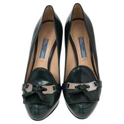 Pre Owned Prada Dark Green Leather Loafer Pumps Size 37