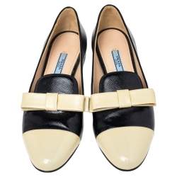 Pre Owned Prada Black/White Leather Bow Cap Toe Loafers Size 38