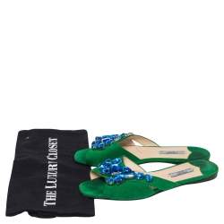 Pre Owned Prada Green Suede Crystal Embellished Flat Sandals Size 37.5