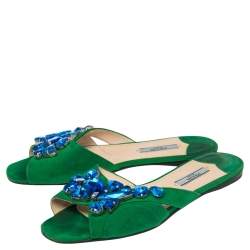 Pre Owned Prada Green Suede Crystal Embellished Flat Sandals Size 37.5