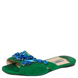 Pre Owned Prada Green Suede Crystal Embellished Flat Sandals Size 37.5