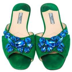 Pre Owned Prada Green Suede Crystal Embellished Flat Sandals Size 37.5