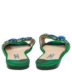 Pre Owned Prada Green Suede Crystal Embellished Flat Sandals Size 37.5