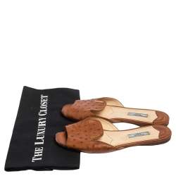 Pre Owned Prada  Brown Ostrich Leather Flat Sandals Size 37