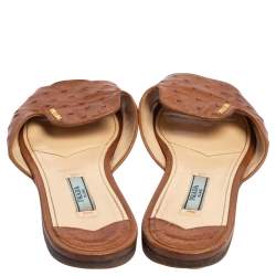 Pre Owned Prada  Brown Ostrich Leather Flat Sandals Size 37