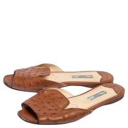 Pre Owned Prada  Brown Ostrich Leather Flat Sandals Size 37