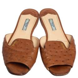 Pre Owned Prada  Brown Ostrich Leather Flat Sandals Size 37