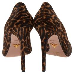 Pre Owned Prada Brown/Beige Leopard Print Calf Hair Peep Toe Pumps Size 40