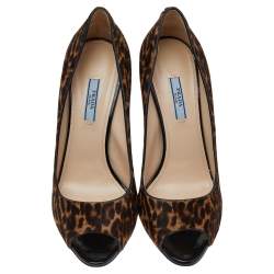 Pre Owned Prada Brown/Beige Leopard Print Calf Hair Peep Toe Pumps Size 40
