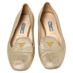 Pre Owned Prada Gold Glitter Smoking Slippers Size 37